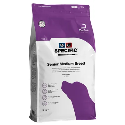 Specific Senior Medium Breed, 12 kg. Alleinfuttermittel für ältere Hunde mittelgrosser Rassen. Enthält kontrolliertes Protein, Omega-3, moderate Energie und Taurin für Herzgesundheit.