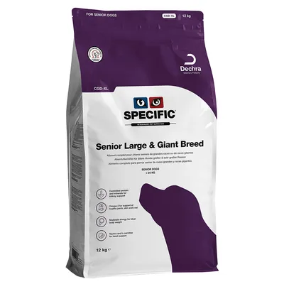 Specific Senior Large & Giant Breed, 12 kg. Für ältere Hunde grosser und riesiger Rassen über 25 kg. Enthält Omega-3, Taurin, kontrolliertes Protein für Nierenunterstützung.