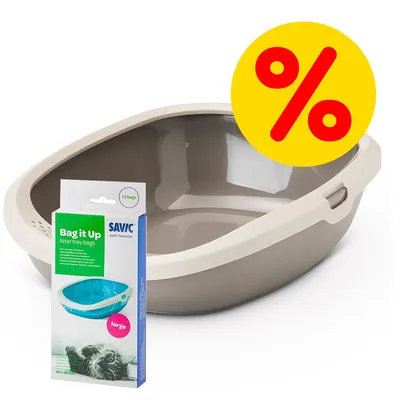 Katzentoilette mit Verpackung Savic Bag it Up litter tray bags, 12 Beutel, Größe large, 46x40 cm. Gelbes Prozentzeichen für Rabattaktion sichtbar.