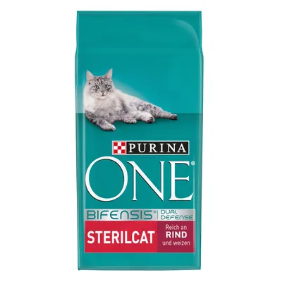PURINA ONE BIFENSIS DUAL DEFENSE STERILCAT macskaeledel csomagolás, felirat: Reich an RIND und weizen, fekvő szürke cica képe a zacskón