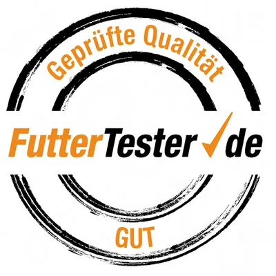 Geprüfte Qualität, FutterTester.de, GUT (teksti saksaksi). Laatutesti-merkintä lemmikkiruualle.