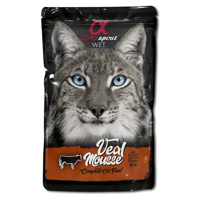 Alpha Spirit natvoer kalfsmousse, alle rassen, alle levensfasen, compleet kattenvoer, 85g. Verpakking met afbeelding van een lynx en oranje design.