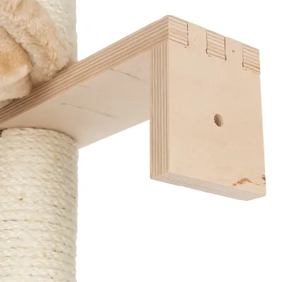 Wooden holder with screw hole, attached to a scratching post made of sisal rope.