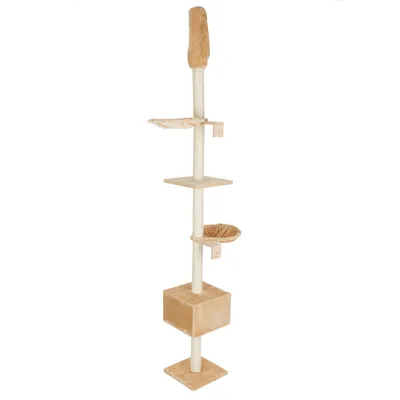 Cat tree with multiple levels, including resting areas, cave and padded seat. Beige colour, vertical design.