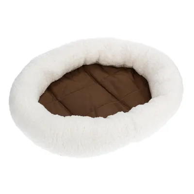 Oval pet bed with white plush border and brown quilted lying surface.