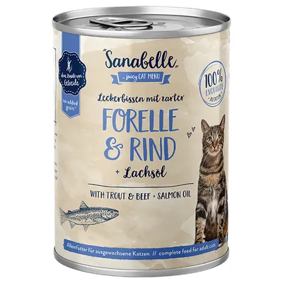 Sanabelle Juicy Cat Menu. Herkkuja taimenella, naudalla ja lohiöljyllä. Täysravinto aikuisille kissoille. Ilman viljalisäystä, 100 % hienoja ainesosia.