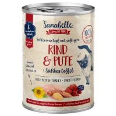 Sanabelle Rind & Pute con patata dolce, manzo e tacchino, 100% ingredienti dichiarati, alimento completo per gatti. Testo in tedesco e inglese visibile sull'etichetta.