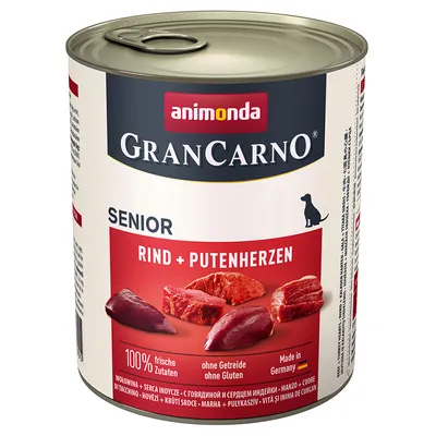GranCarno Senior beef and turkey hearts, 100% fresh ingredients, grain-free, gluten-free, made in Germany. Product image shows meat pieces and key features on the label.