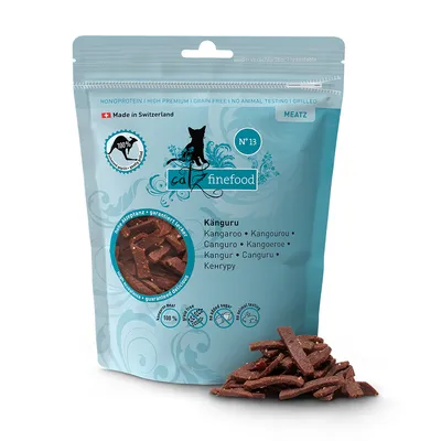 Catz Finefood Meatz Nr. 13, кенгуру, монопротеин, высокое качество, без зерна, без тестирования на животных, произведено в Швейцарии, упаковка с замком, жареные мясные полоски.