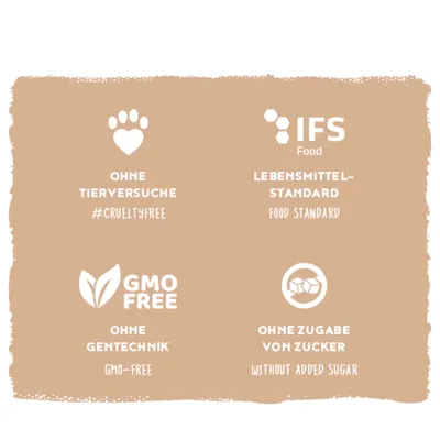 Ohne Tierversuche, IFS Food Lebensmittel-Standard, ohne Gentechnik, ohne Zugabe von Zucker. #crueltyfree, food standard, GMO-free, without added sugar. Ohne Tierversuche, IFS Food Lebensmittel-Standard, ohne Gentechnik, ohne Zugabe von Zucker. #crueltyfree, food standard, GMO-free, without added sugar.