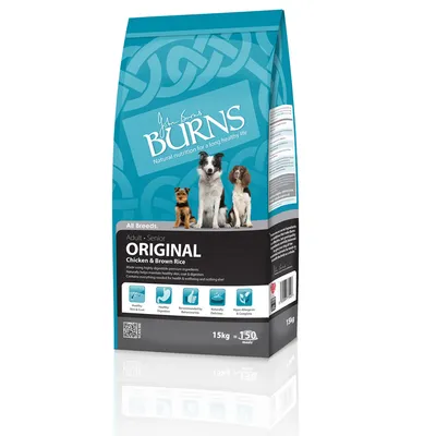 Burns Original Adult Senior Chicken & Brown Rice hundefoder, 15 kg pose. Tekst: All Breeds, Healthy Skin & Coat, Healthy Digestion, Recommended by Behaviourists, Naturally Delicious, Hypo-Allergenic.