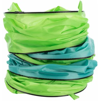 Folded play tunnel in green and blue with black edge.