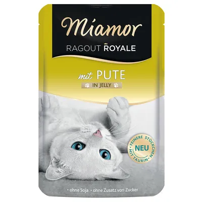 Miamor Ragout Royale con tacchino in gelatina. Senza soia, senza zuccheri aggiunti. Novità: pezzi più fini con taurina.