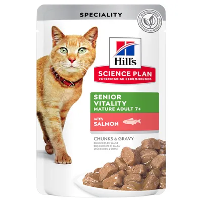 Hill's Science Plan Senior Vitality Mature Adult 7+ met zalm, stukjes in saus. Speciaalvoer voor oudere katten. Zonder kunstmatige conserveermiddelen en kleurstoffen.