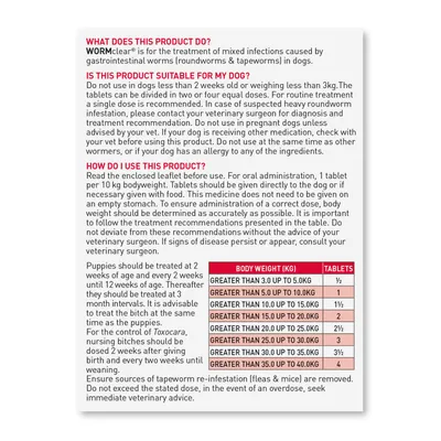 Instructions for WORMclear: treats roundworms and tapeworms in dogs. Dosage table by body weight, usage advice, age restrictions, and warnings about use in puppies and pregnant dogs.