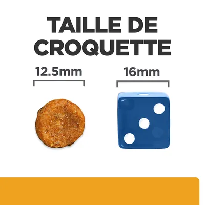 Taille de croquette : diamètre 12,5 mm comparé à un dé bleu de 16 mm. Texte visible : TAILLE DE CROQUETTE, 12.5 mm, 16 mm.