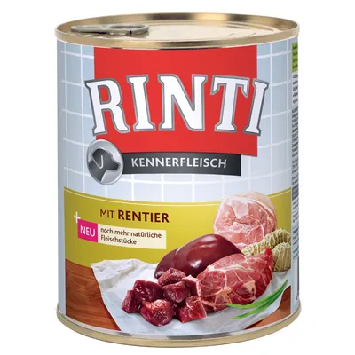 RINTI Kennerfleisch mit Rentier, blik met afbeelding van vleesstukken en tekst: 'NEU noch mehr natürliche Fleischstücke'.