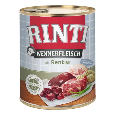 Konzerva Rinti Kennerfleisch mit Rentier, prikaz mesa i iznutrica na etiketi. Tekst: getreidefrei, fleisch pur, ohne kohlenhydrate, zusammenstellung verfeinert.