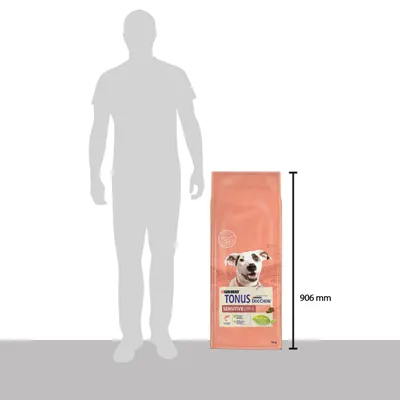 Confronto dimensioni: sacco Purina Tonus Dog Chow Sensitive accanto a sagoma umana, altezza sacco 906 mm. Testo visibile: 'Sensitive', immagine di cane sulla confezione.