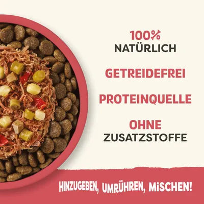 100 % naturel, sans céréales, source de protéines, sans additifs. Ajouter, remuer, mélanger !