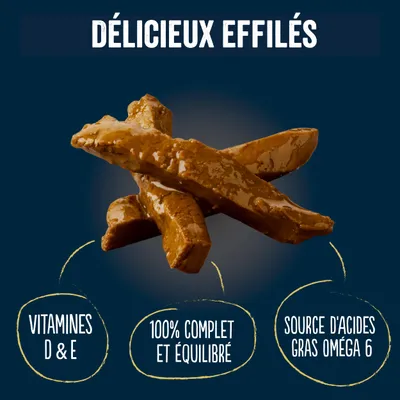 Délicieux effilés, vitamines D & E, 100% complet et équilibré, source d’acides gras oméga 6 (texte en français visible sur l’image)