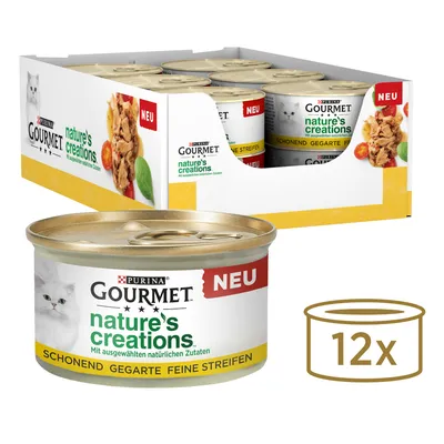 Purina Gourmet nature's creations cat food, 12 cans pack. Visible text: NEU, SCHONEND GEGARTE FEINE STREIFEN, Mit ausgewählten natürlichen Zutaten. Image shows product and packaging.