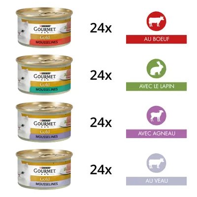Lot de 96 boîtes Purina Gourmet Gold Mousselines : 24x au bœuf, 24x avec le lapin, 24x avec agneau, 24x au veau. Textes visibles sur les emballages et pictogrammes animaux.