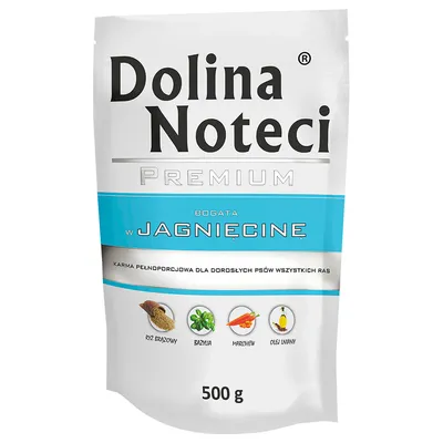Dolina Noteci Premium, reich an Lammfleisch. Vollwertfutter für erwachsene Hunde aller Rassen. Zutaten: brauner Reis, Basilikum, Karotten, Leinöl. Packungsgrösse: 500 g.
