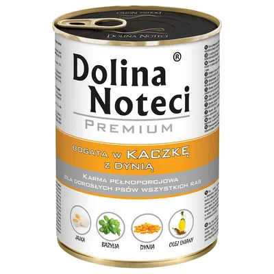 Dolina Noteci Premium, rig på and med græskar. Fuldfoder til voksne hunde af alle racer. Ingredienser: æg, basilikum, græskar, hørfrøolie.