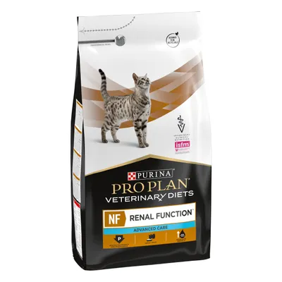 Bag labelled Pro Plan Veterinary Diets NF Renal Function Advanced Care, with icons for reduced protein, great taste and one meal per day. Designed to be resealable.