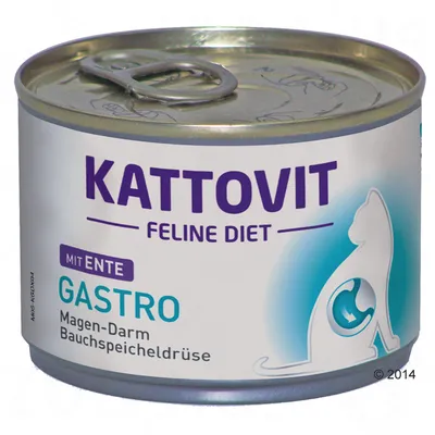 Lata de comida para gatos Kattovit Feline Diet Gastro mit Ente. Texto visible: Magen-Darm Bauchspeicheldrüse. Imagen de un gato estilizado en el envase.
