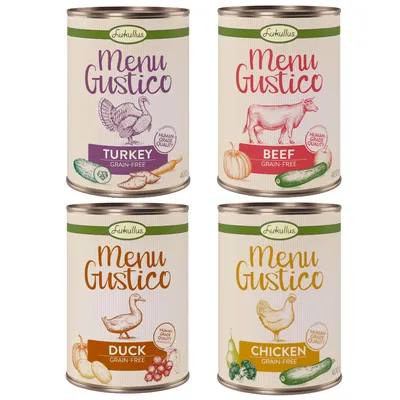 Lukullus Menu Gustico -koiranruokapurkit: Turkey, Beef, Duck, Chicken. Jokaisessa lukee 'grain-free' ja 'human grade quality'. 400 g purkki näkyvissä.