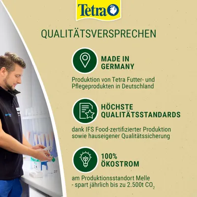 Tetra Qualitätsversprechen: Made in Germany, höchste Qualitätsstandards dank IFS Food-Zertifizierung, 100% Ökostrom am Standort Melle, spart jährlich bis zu 2.500t CO₂. Tetra Qualitätsversprechen: Made in Germany, höchste Qualitätsstandards dank IFS Food-Zertifizierung, 100% Ökostrom am Standort Melle, spart jährlich bis zu 2.500t CO₂.