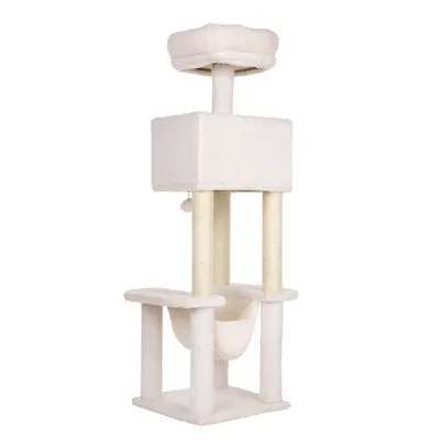 Krabpaal van wit pluche met meerdere niveaus, sisalpalen, een hangmat, een kubusvormig huisje en een bovenste ligplek. Materialen: pluche en sisal.