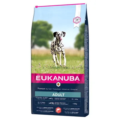 Sac hrană uscată pentru câini Eukanuba Adult, vizibil text: Premium dry food, Large Breed 25–40 kg, Giant Breed >40 kg, bogat în somon și orz, imagine dalmațian pe fundal verde.