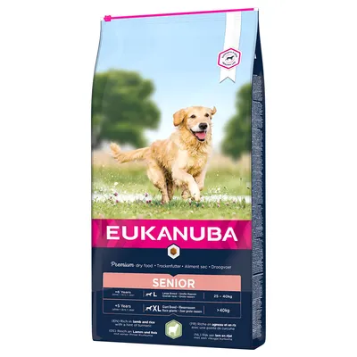 Eukanuba Premium hrană uscată Senior pentru rase mari și foarte mari, bogată în miel și orez cu curcuma, potrivită de la 5 sau 6 ani în funcție de greutate.