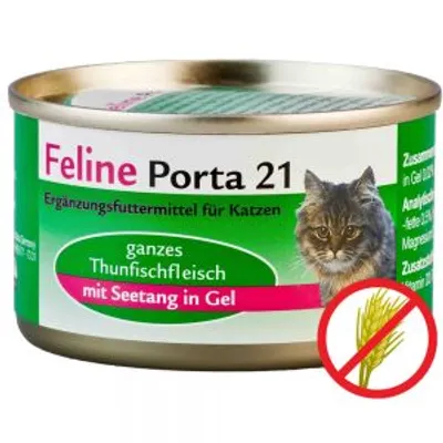 Feline Porta 21, alimento complementare per gatti, carne di tonno intera con alghe in gel. Testo in tedesco. Simbolo senza cereali visibile.
