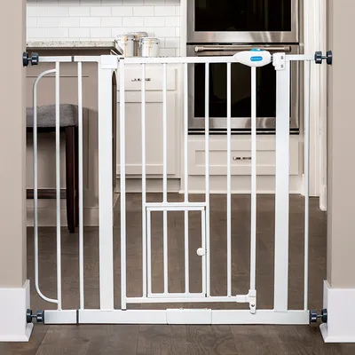 White metal safety barrier with small door, suitable for doors or stair areas. Screw mounting visible on both sides.
