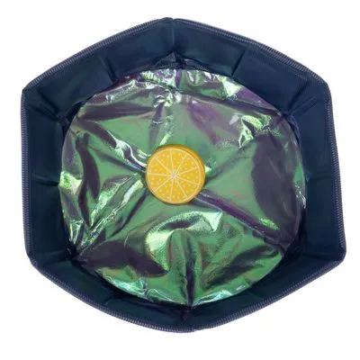 Opvouwbaar zwembad van donkerblauw kunststof met glanzende binnenkant en een gele schijf met citroenmotief in het midden, bovenaanzicht.