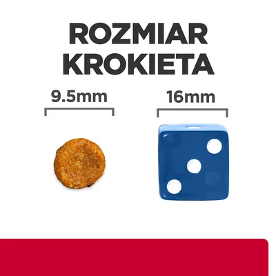Rozmiar krokieta: średnica 9,5 mm obok kostki do gry o boku 16 mm. Porównanie wielkości dla łatwiejszego wyboru produktu.