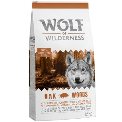 Wolf of Wilderness Oak Woods, 12 kg. 100% grain-free recipe. Lots of fresh chicken meat and wild boar with fruits of the forest, roots and wild herbs.