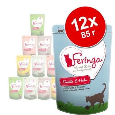 Feringa паучове за котки, 12×85 г. Видим вкус: Forelle & Huhn (пъстърва и пиле), с картофи и магданоз. Надпис на немски: Mit viel Liebe wie hausgemacht!