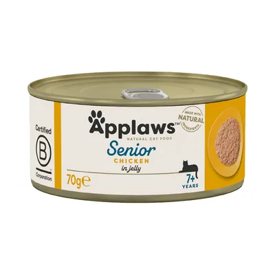 Applaws Senior cat food with chicken in jelly, 70g can, suitable for cats aged 7+, certified by B Corporation, made with natural ingredients.