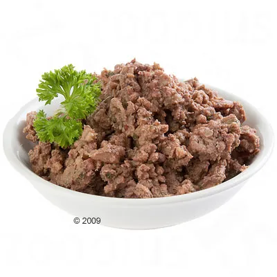 Comida húmeda para mascotas en un cuenco blanco, decorada con una ramita de perejil. No se muestra marca ni información adicional visible.