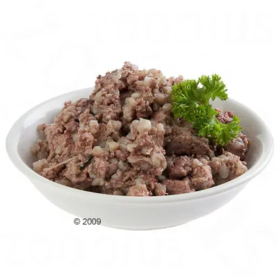 Comida húmeda para mascotas servida en un bol blanco, con trozos de carne y guarnición de perejil fresco visible.