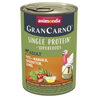 Animonda GranCarno Single Protein Adult, индейка с мангольдом, шиповником и льняным маслом. 100% свежие ингредиенты, без зерна, без глютена, Made in Germany.