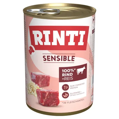 Rinti Sensible, 100% Rind + Reis, nur 1 tierisches Protein, glutenfrei – optimal verträglich, im Fleischanteil.