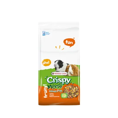 Versele-Laga Crispy Muesli pro morčata, ovocné s extra vitamínem C. Obal zobrazuje dvě morčata a bubliny s nápisy 'aha!' a 'fun'.