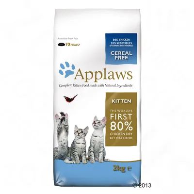 Sac Applaws Kitten 2 kg, texte visible : 80 % chicken, 20 % vegetables & vitamins and minerals, cereal free, the world's first 80 % chicken dry kitten food, 70 meals*