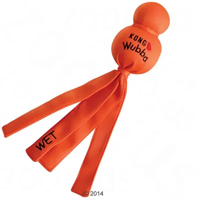 Oranje hondenspeelgoed met tekst 'KONG Wubba' en 'WET' op de stof. Speeltje bestaat uit twee ballen en vier stoffen linten.